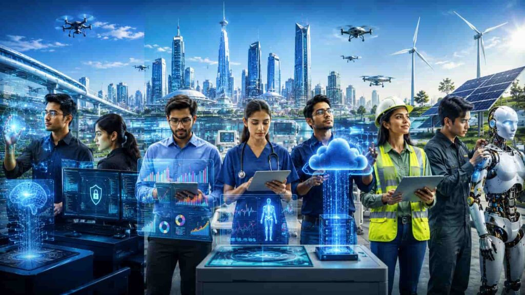 Top 7 Careers That Will Dominate the Next Decade featuring AI, Cybersecurity, Data Science, Healthcare Technology, Cloud Computing, Renewable Energy, and Robotics professionals.