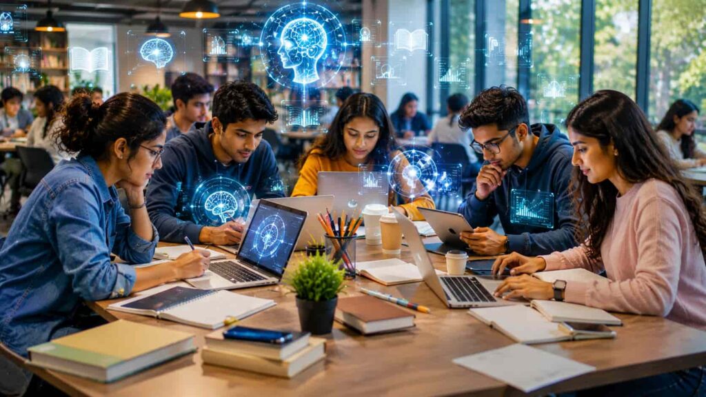 Top Education News This Week showing Indian college students discussing the latest education updates in a modern university library.
