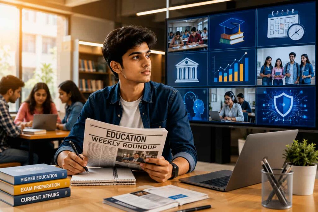 Top Education News This Week showing Indian college students discussing the latest education updates in a modern university library.