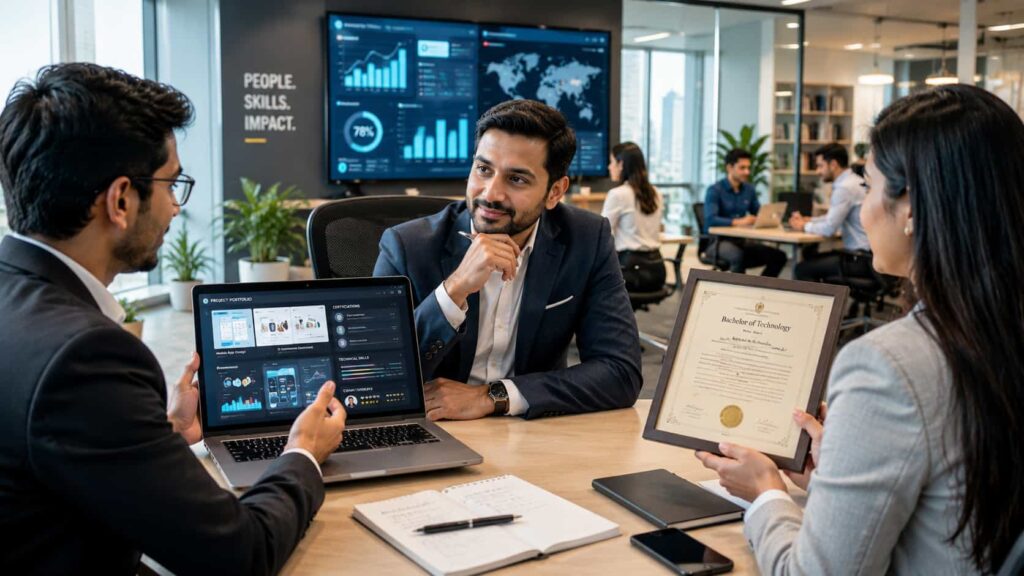 Why Companies Value Skills Over Degrees in 2026 featured image showing employers evaluating practical skills and portfolios during a modern job interview