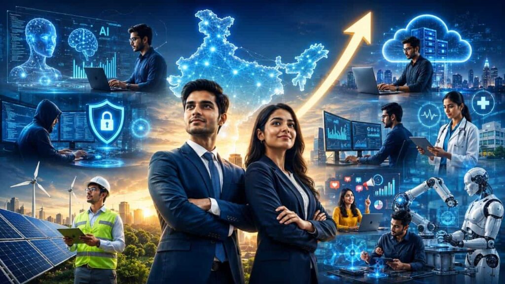 India's Fastest Growing Careers in 2026 featuring high-demand jobs in AI, cybersecurity, data science, cloud computing, healthcare technology and emerging industries
