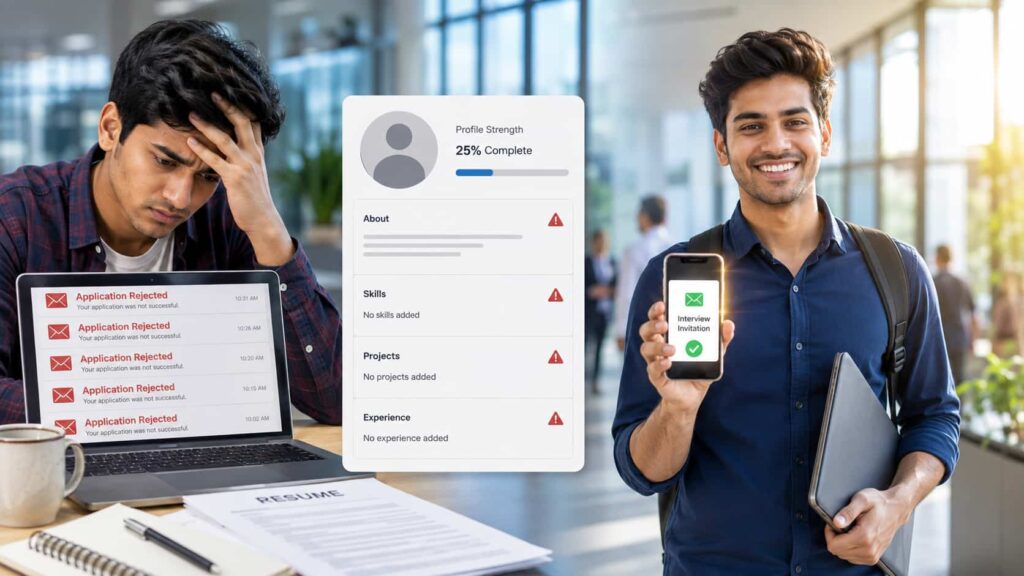 LinkedIn Mistakes for Students shown through an incomplete LinkedIn profile compared with a recruiter-ready profile to help students get more job opportunities.